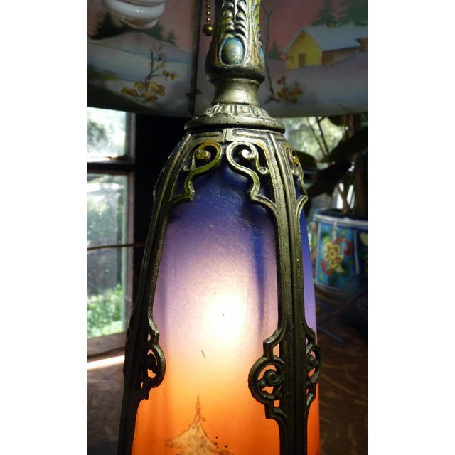 1910s Miller Phoenix Art Deco Winter Landscape Reverse Painted Lamp – Ice Chip Glass – Illuminated Base – Penny Marshall Estate For Sale - Image 13 of 18