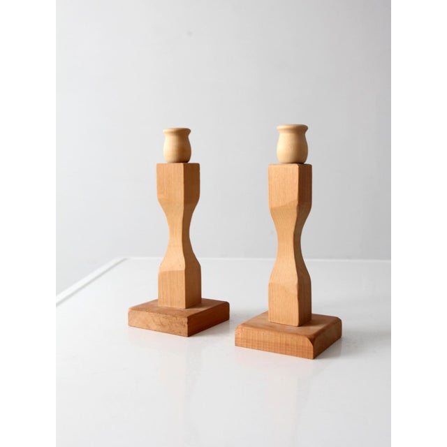 Brown Pair of Vintage Handmade Wooden Candlesticks For Sale - Image 8 of 11