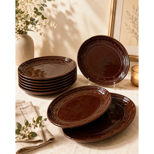 Ceramic 1950s Mid-Century Modern Mar - Crest Daisy Dot Onion Dinner Plate Brown Glaze - Set of 12 For Sale - Image 7 of 14