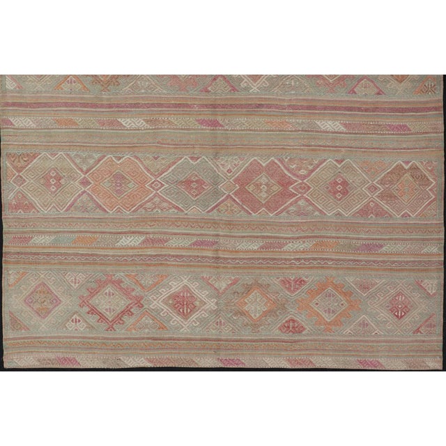 Colorful Vintage Embroidered Kilim With Stripes and Alternating Geometric Motifs 6'9 X 9'3 For Sale - Image 11 of 13