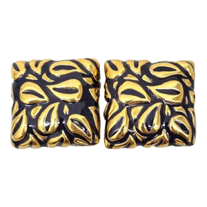 Vintage Signed Escada Square Goldtone & Blue Enamel Clip Earrings - 2 Pieces
