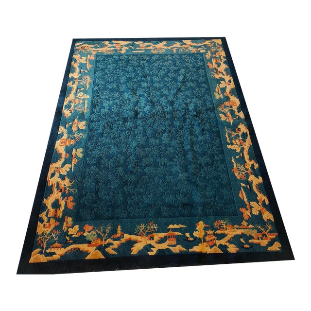 Vibrant Blue Color With Gold Figurative Borders Antique Chinese Peking Rug For Sale