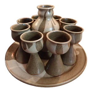 Vintage Mid Century Studio Ceramic Wine Goblet Plate Set- 10 Pieces