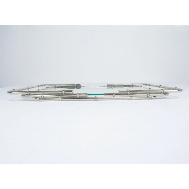Maison Baguès 1970s Polished Nickel Faux Bamboo and Glass Serving Tray in the Manner of Maison Bagues For Sale - Image 4 of 13
