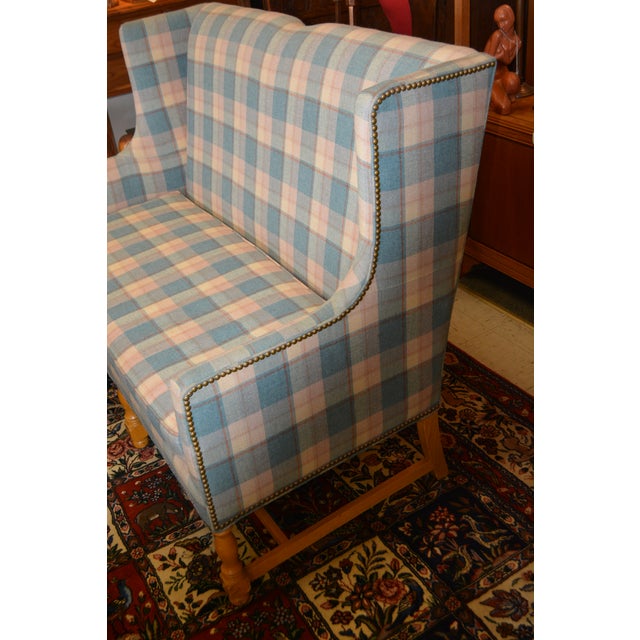 Vintage North Hickory Furniture Blue/Tan Plaid Wingback Settee W/ Nail Head Trim For Sale - Image 4 of 18