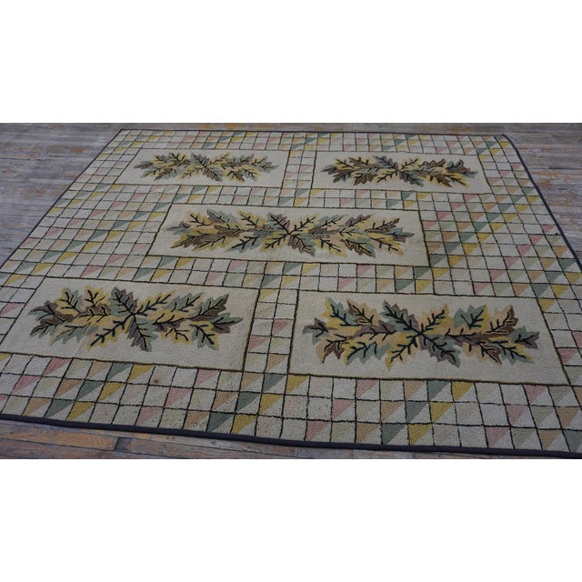 1930s Ivory Crean Floral Folk Art Antique American Hooked Rug 7'10'' X 10' Handknotted Wool Carpet For Sale - Image 4 of 12