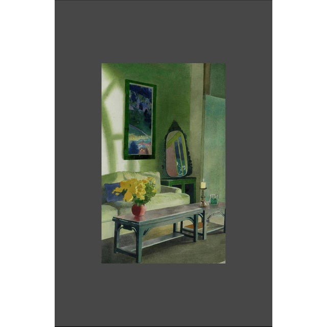 Contemporary Yang Fan Original Watercolor Painting – Green Room, Whale, Snowy Alps Interior Art For Sale - Image 3 of 3