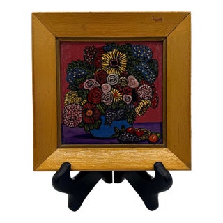 Mid-20th Century Naïve Folk Art Floral Still Life Painting in Gold Wood Frame For Sale