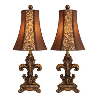 Late 20th Century Traditional Fleur-De-Lis Table Lamps With Decorative Patterned Shades - Pair For Sale