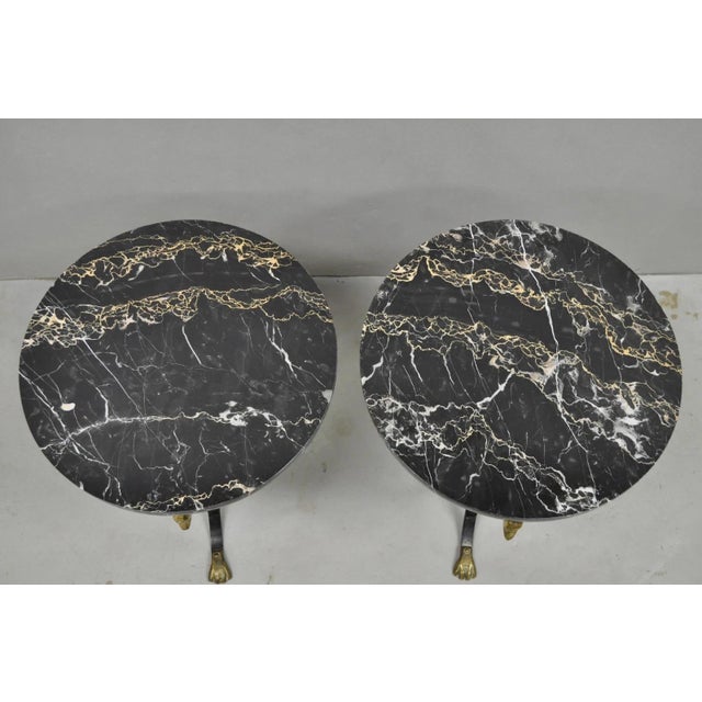 Mid 20th Century Italian Regency Round Marble Top Wrought Iron Brass Swan Low Drink Table - Pair For Sale In Philadelphia - Image 6 of 16