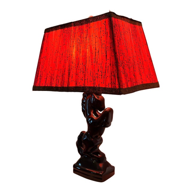 Mid-Century Modern 1950s Ceramic Rearing Stallion Lamp With Original Pinch-Pleat Shade For Sale