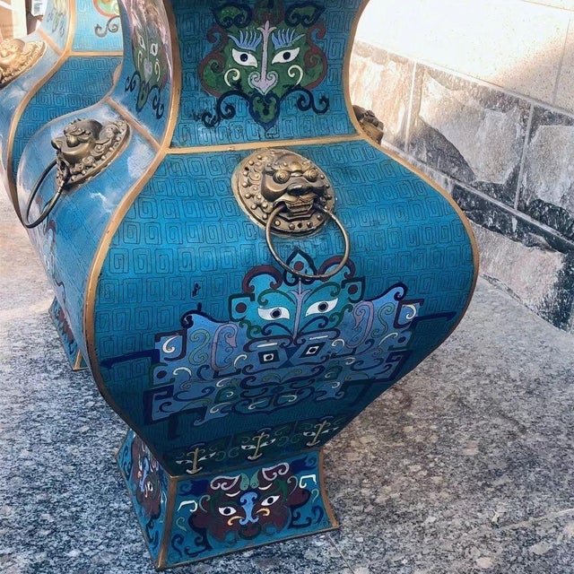 This is an impressive pair of monumental vintage cloisonné enamel vases, crafted in the archaic fang zun (square vessel)...