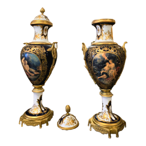 Hand-Painted Porcelain Urn Vase With Romantic Scene, Gold Leaf & Bronze Accents