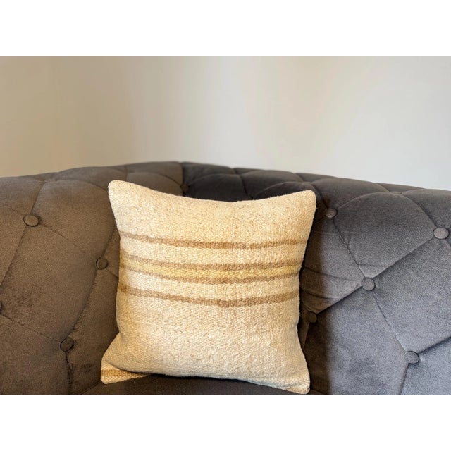 Ivory Turkish Hemp Pillow, Ivory Taupe Multi-Stripe Cushion, Handwoven Anatolian Pillow With Insert, 16x16 In For Sale - Image 8 of 8