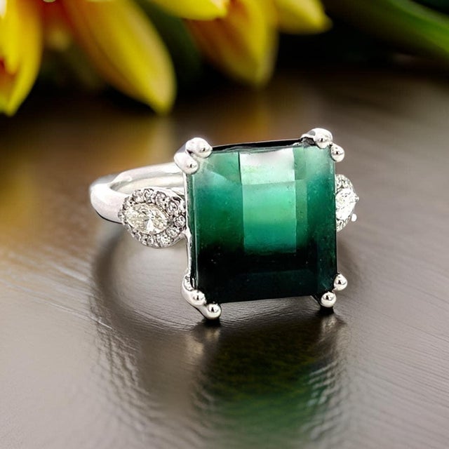 Natural Tourmaline Diamond Ring Size 7 14k W Gold 8.5 TCW Certified For Sale - Image 11 of 16