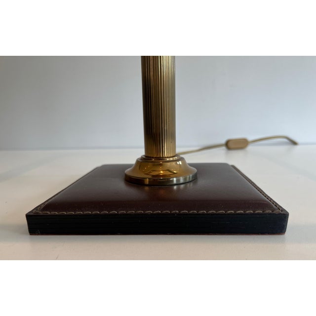 Brown Leather and Brass Desk Lamp in the Style of Jacques Adnet For Sale - Image 11 of 12