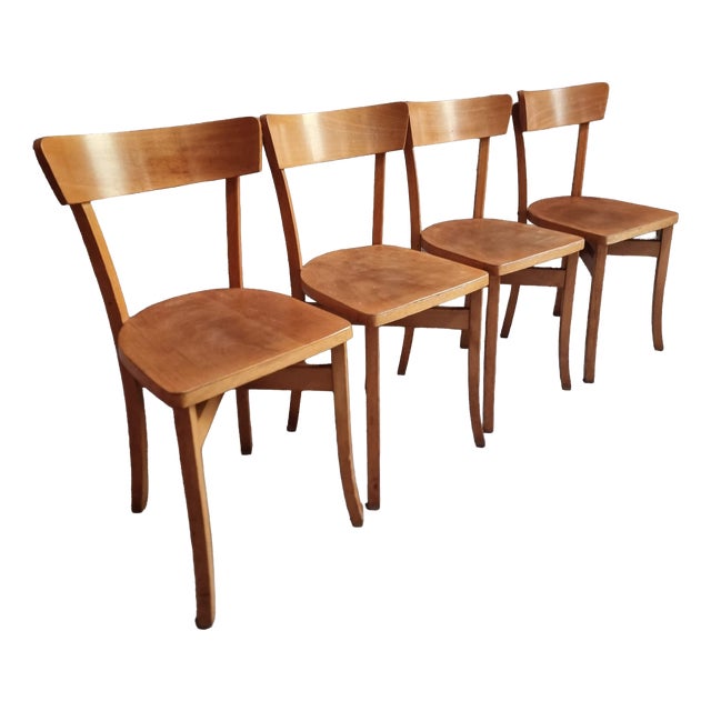 Mid-Century French Bistro Chairs in Beech and Plywood, 1960s, Set of 4 For Sale