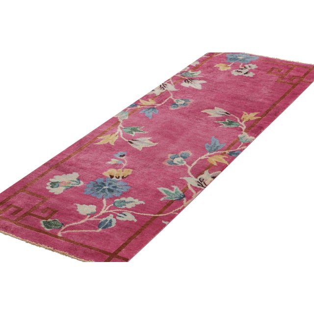 Rug & Kilim Rug & Kilim’s Chinese Art Deco Style Runner Rug in Pink With Floral Patterns For Sale - Image 4 of 7