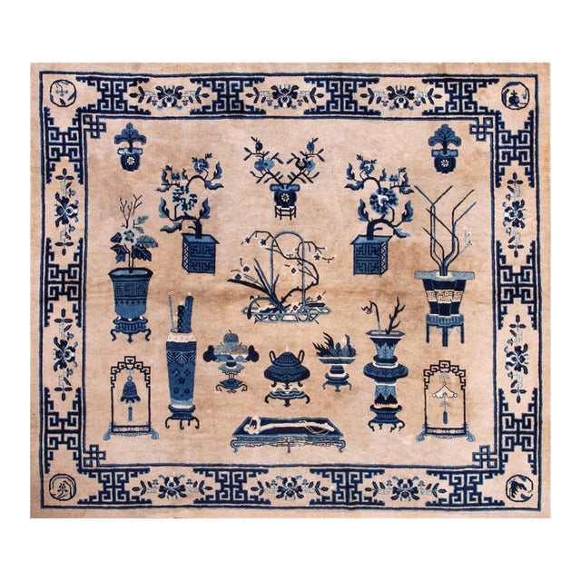 1930s Antique Beige Medallion Chinese Peking 100 Antiques Knotted Wool Rug For Sale