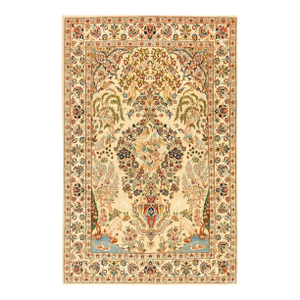 1940s Ivory Medallion Animals Antique Persian Isfahan Rug 3' 6'' X5' 6'' Handknotted Wool Carpet