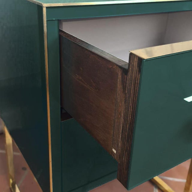 Not Yet Made - Made To Order Italian Pair of Night Stands Dark Green Glass With Brass Trim Available For Sale - Image 5 of 5