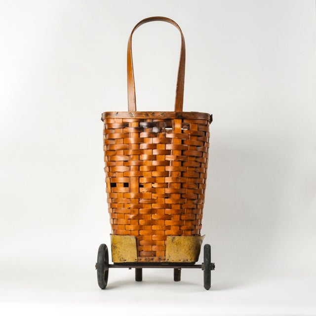 1950s 1950s Splint Wood Rolling Market Basket Cart For Sale - Image 5 of 16