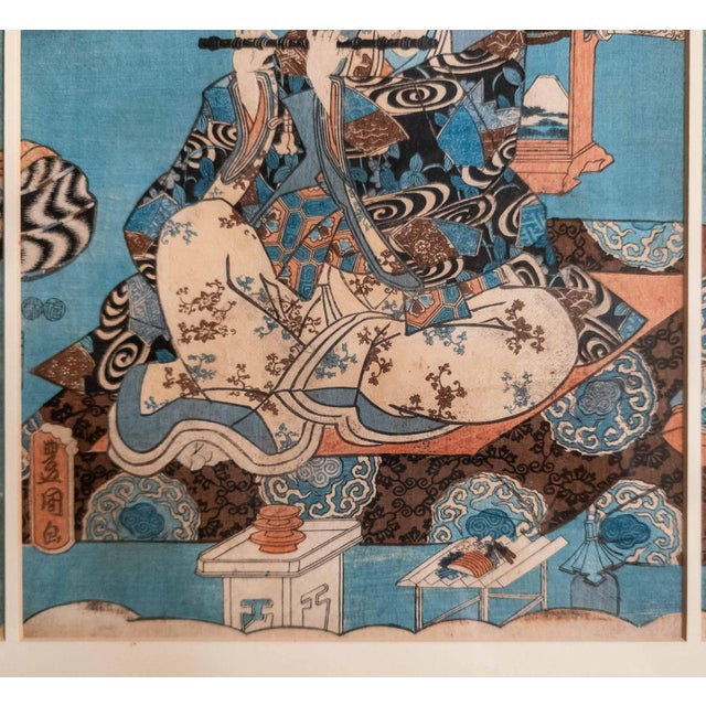 19th Century Japanese Ukiyo-E Woodblock Triptych Print by Utagawa Kunisada, Toyokuni III For Sale - Image 12 of 15