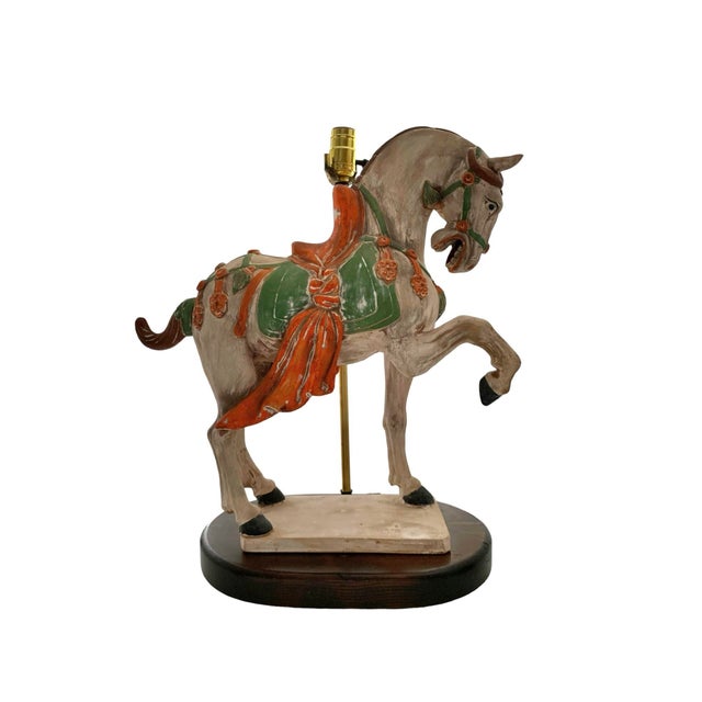 Wood Late 20th Horse Lamp Vintage Large Asian Pottery Tang Horse on Wooden Base for Oriental Decor For Sale - Image 7 of 11
