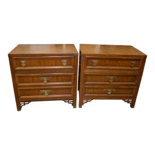 1960s Vintage Chinoiserie Pair Mid Century Dixie Shangri-La Nightstands With 3 Drawers For Sale