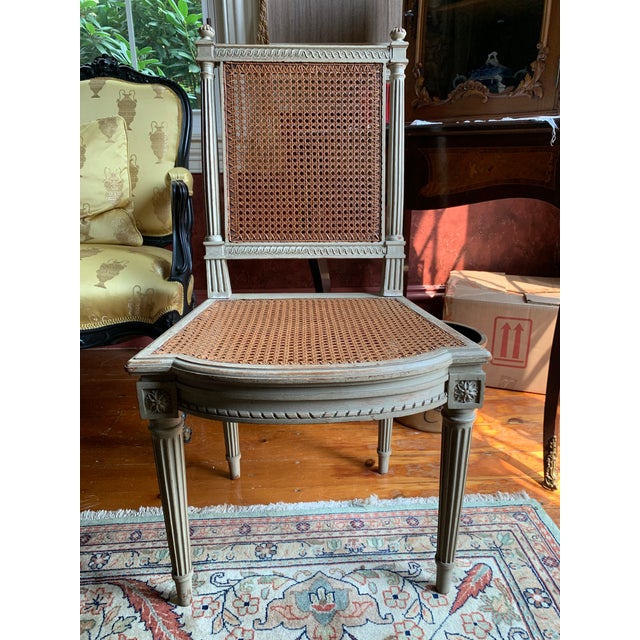 French Neoclassical Distressed Painted and Cane Chairs - a Pair For Sale - Image 4 of 11