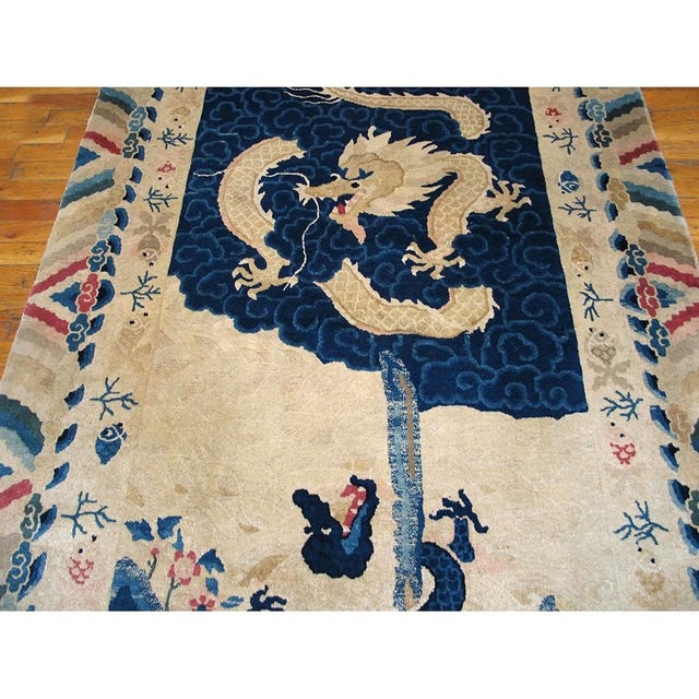 Chinese 1900s Ivory Field Antique Dragon Medallion Chinese Peking Small Knotted Wool Rug For Sale - Image 3 of 9