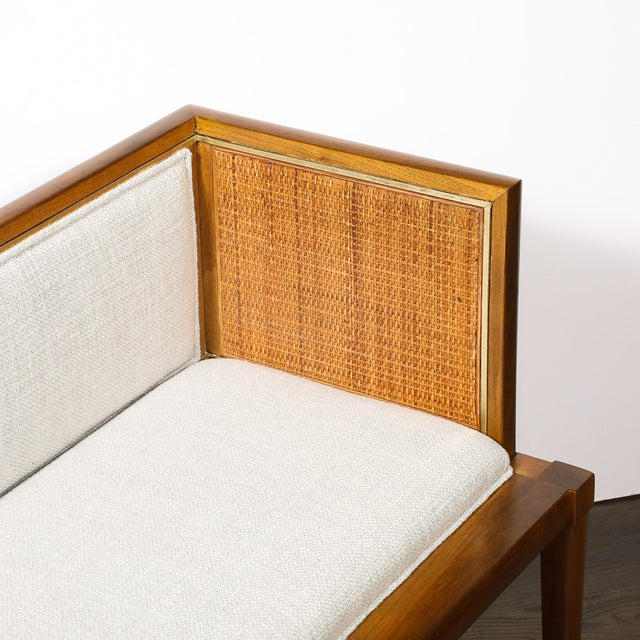 Mid-Century Brass Lined Walnut Settee W/ Cane Detailing & Holly Hunt Upholstery For Sale - Image 17 of 18