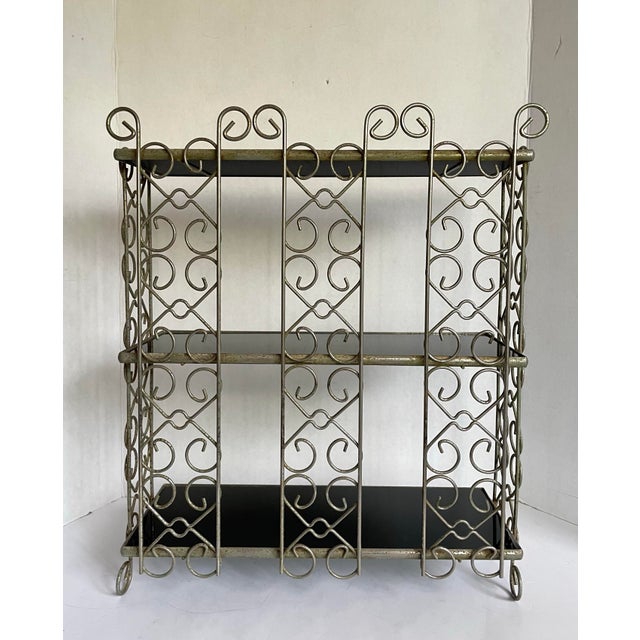 Mid-Century Hollywood Regency Silver-Tone Metal Tabletop Étagère With Black Glass Shelves For Sale - Image 9 of 12