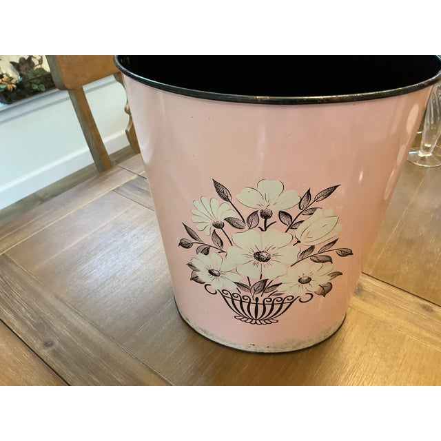 Vintage Mid-Century Decoware Pink Floral Metal Trash Can / Wastebasket For Sale - Image 4 of 8
