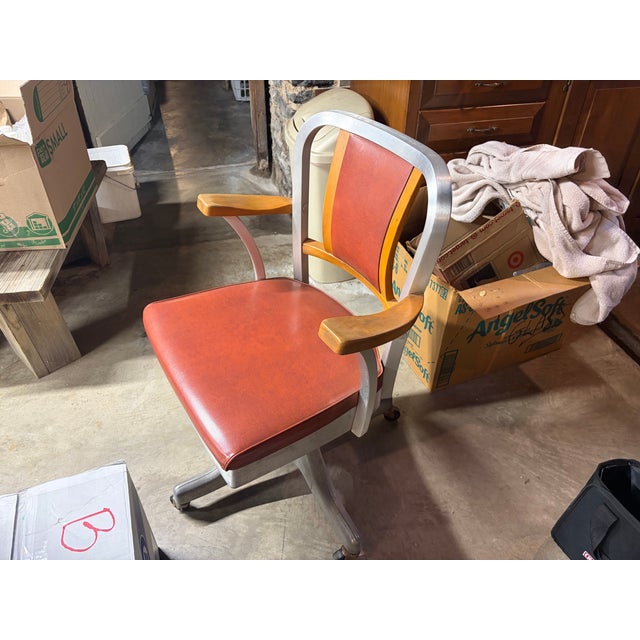 Incredible condition Shaw-Walker office chair with brushed aluminum frame and wodden armrests and backrest supports. The...