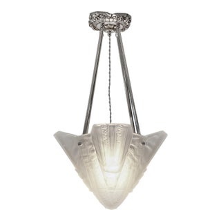 Muller Freres French Art Deco Pendant Chandelier Circa 1930 - Frosted Glass & Nickeled Bronze For Sale