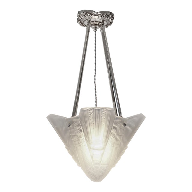Muller Freres French Art Deco Pendant Chandelier Circa 1930 - Frosted Glass & Nickeled Bronze For Sale