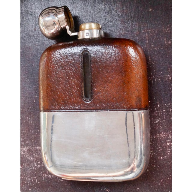 Brown Antique Silver Plated Leather Bound Hip Flask by James Dixon & Sons, 1920s For Sale - Image 8 of 8