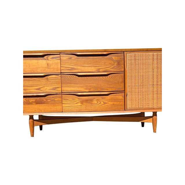 Wood Vintage Mid Century Modern Oak and Cane Floating Low Long Dresser or Credenza For Sale - Image 7 of 11