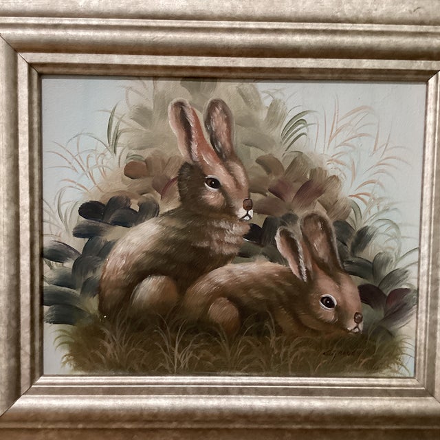 Vintage Cutrona Canvas Bunnies Painting Artist Signed Framed Vintage original wildlife oil/acrylic canvas painting of...