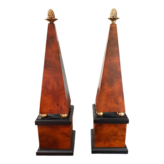 Pair of Vintage Burl Wood Obelisks by Decorative Crafts #8675 Neo- Classical For Sale