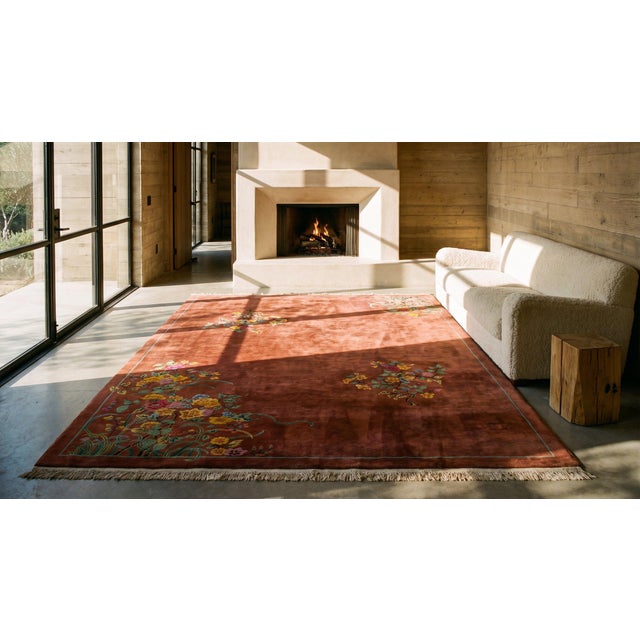 1920s Orange Persimmon Flower Modern Antique Chinese Art Deco Rug 9'x11' 8" Handknotted Wool Carpet For Sale In New York - Image 6 of 8
