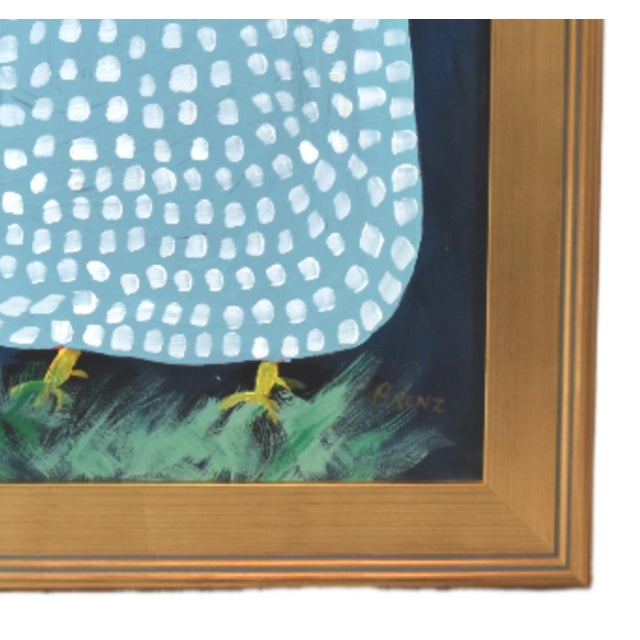 Shabby Chic Blue & White Speckled Folk Art Chicken Hen Painting by Ruth Arenz Including the Antiqued Gold Wood Frame For Sale - Image 3 of 6