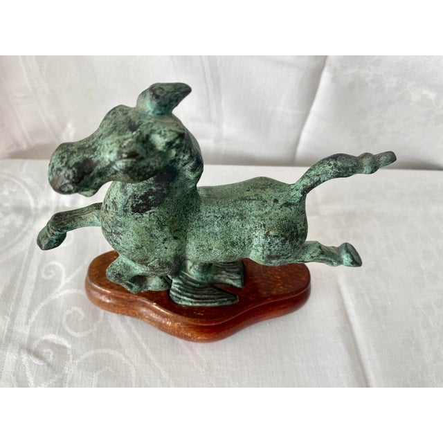 Mid 20th Century Mid-Century Bronze Asian Han Dynasty "Flying Horse of Gansu" on Carved Wooden Base Excellent Condition For Sale - Image 5 of 11
