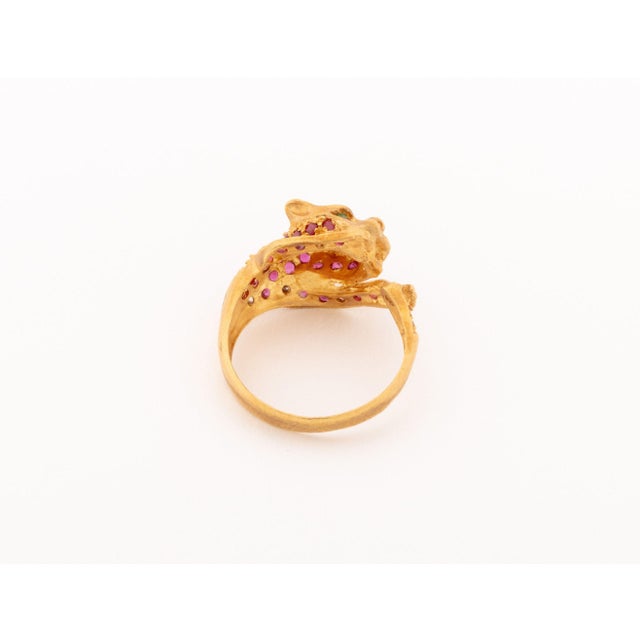 Metal 18k Yellow Gold Ruby Diamond Emerald Leopard-Form Ring For Sale - Image 7 of 9