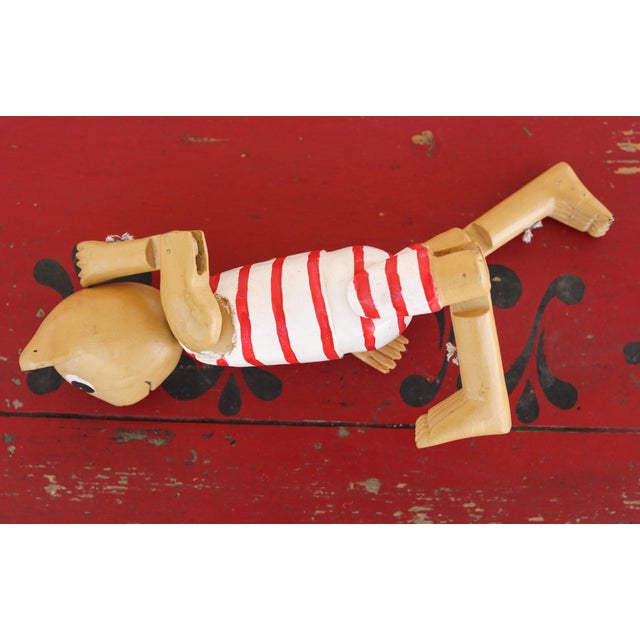 Red Vintage Wooden Teddy Bear Jointed Red & White Nursery Shelf Sitter Hand Carved Folk Art For Sale - Image 8 of 14