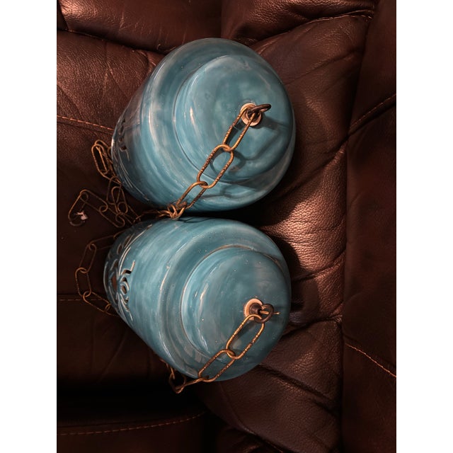 Vintage Mid-Century Modern Turquoise Cutout Ceramic Swag Pendant Lamps - A Pair For Sale - Image 4 of 12