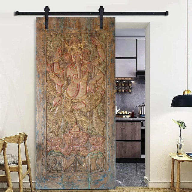 Vintage Reclaimed Wood Ganesha Wall Panel – Hand-Carved Hindu Art Sculpture 84x41 For Sale - Image 4 of 8