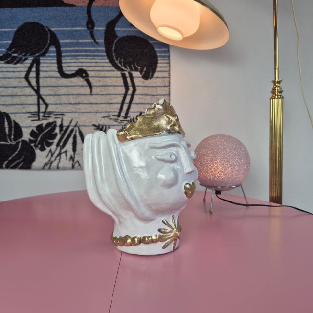 Mid-Century Modern Handcrafted Italian Ceramic Planter in the Form of a Queens Head with Gilded Crown, 1970s For Sale - Image 3 of 12