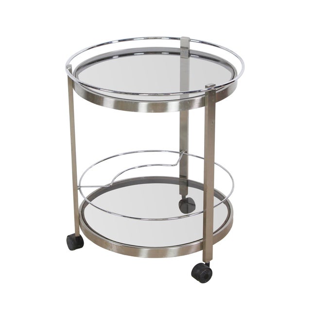 Mid 20th Century Mid 20th Century European Nickeled Steel Round Tinted Glass Bar Cart For Sale - Image 5 of 9